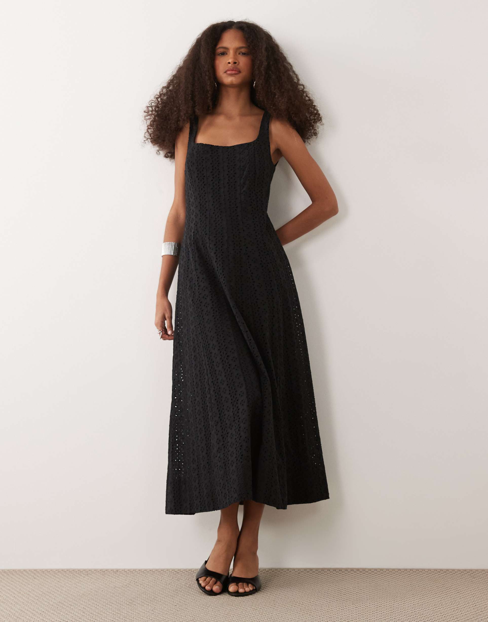 mango 100% cotton square neck sleeveless embroidered midi dress in black