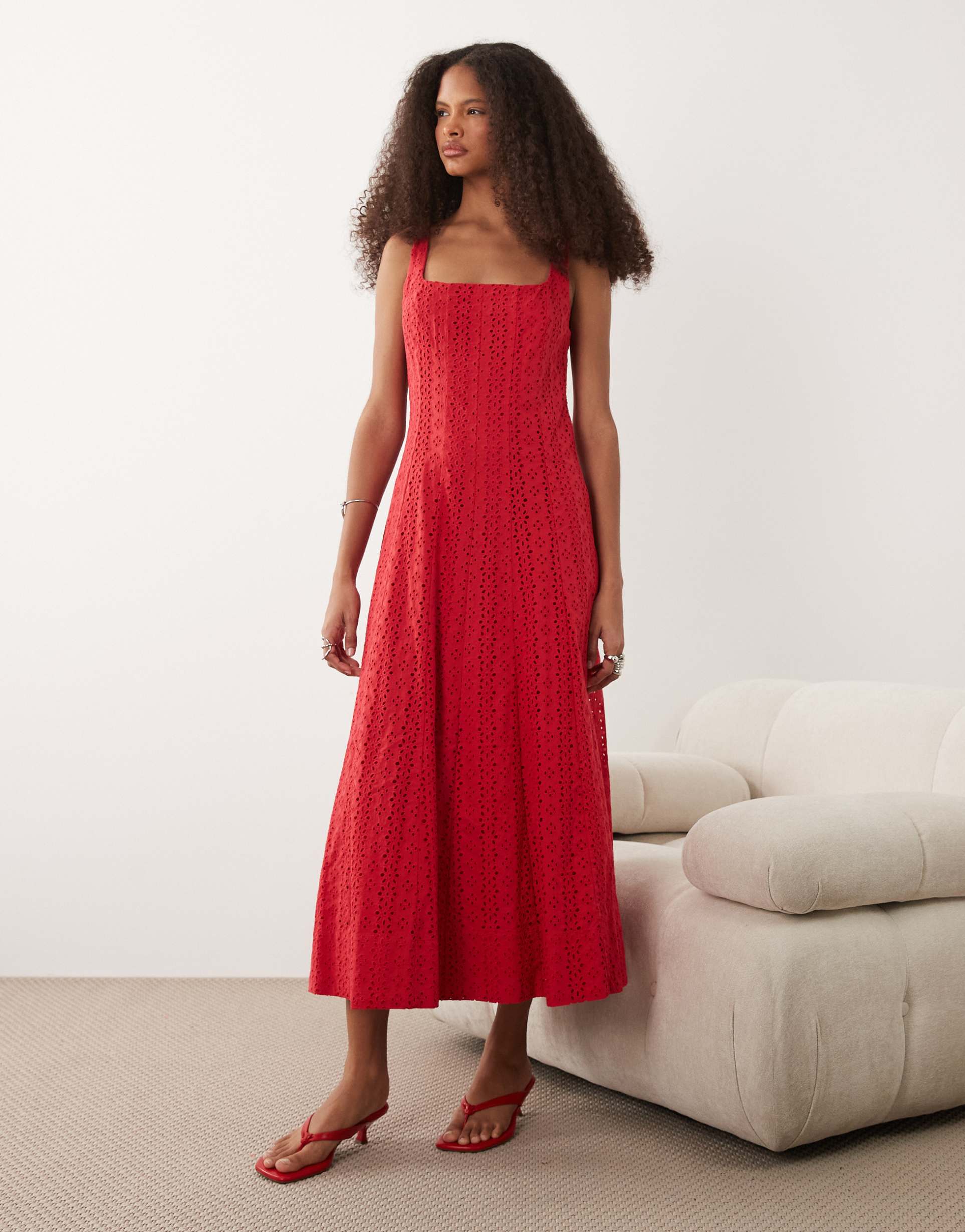 mango 100% cotton square neck sleeveless embroidered midi dress in red