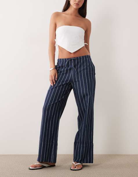 Mango 100% cotton straight tie waist pants in navy stripes - view 1