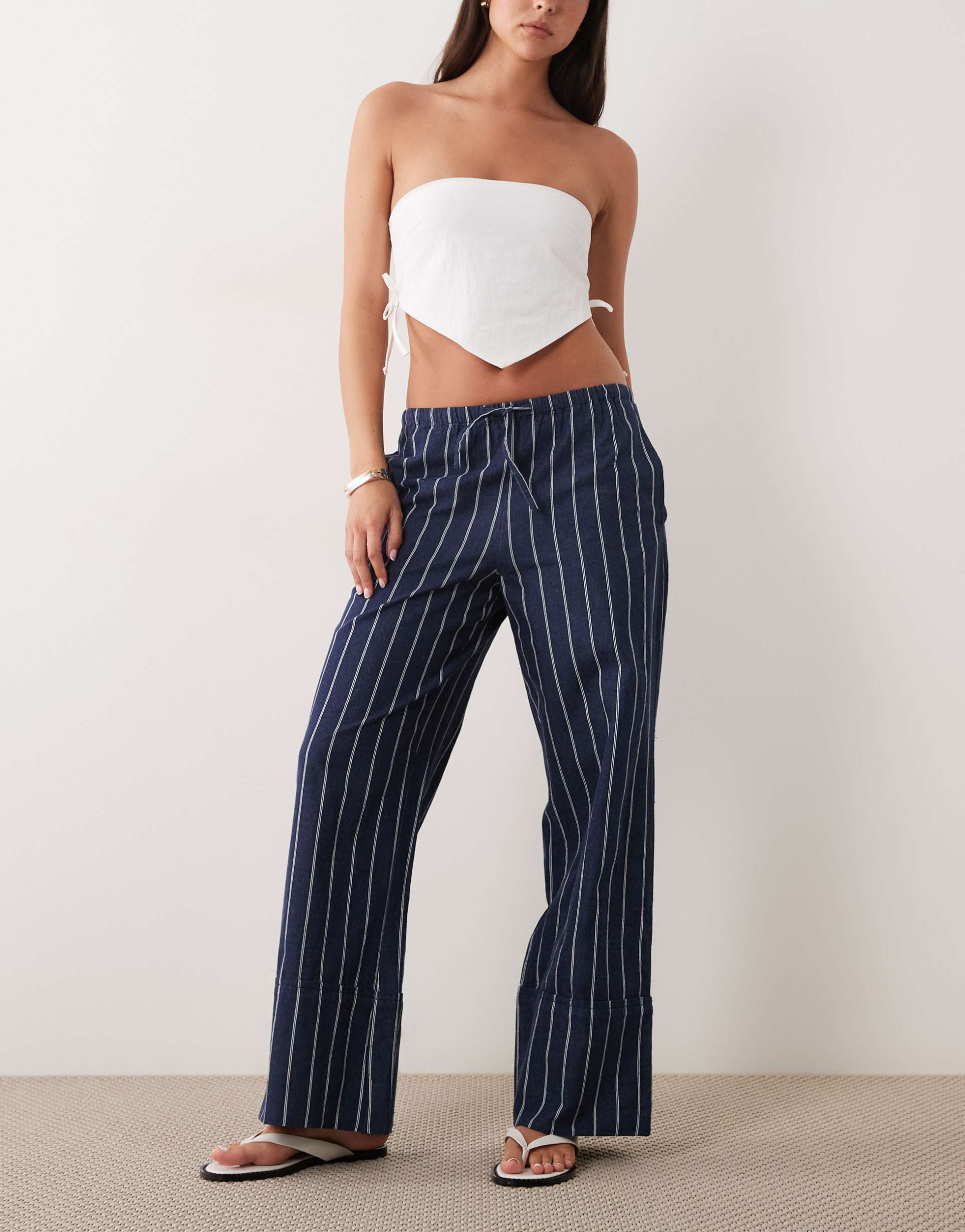 mango 100% cotton straight tie waist pants in navy stripes