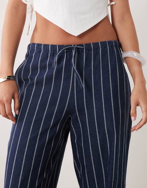 Mango 100% cotton straight tie waist trouser in navy stripe, 3 of 5