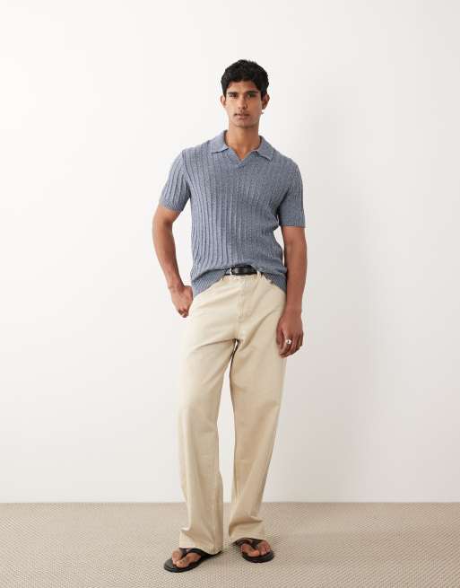 Mango 100% cotton textured knitted revere neck poloshirt in pale blue, 3 of 5