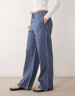 Mango 100% Cotton Tie Waist Denim Pants In Blue