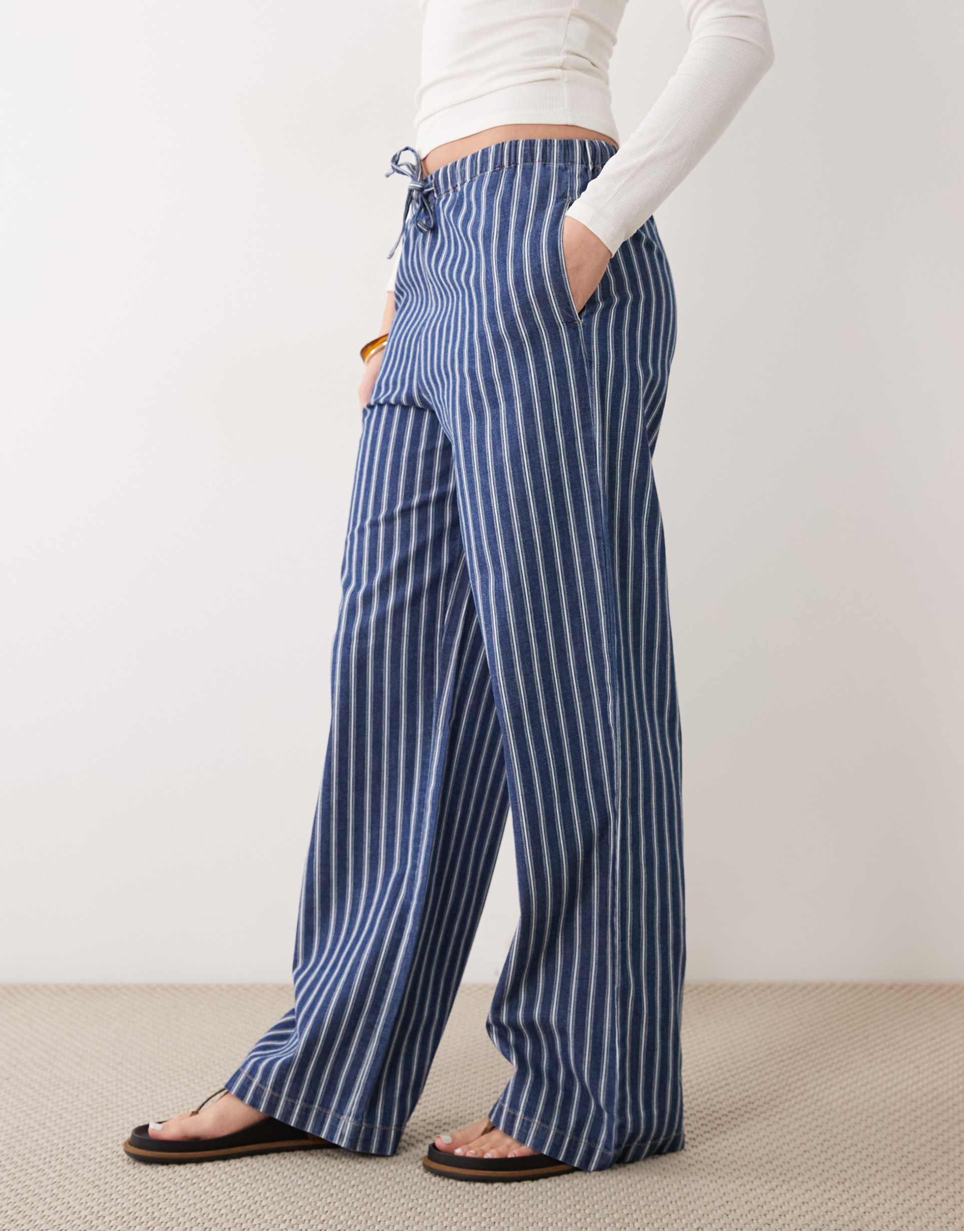 mango 100% cotton tie waist denim pants in blue and white stripes