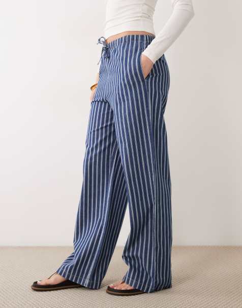Mango 100% cotton tie waist denim trouser in blue and white stripe