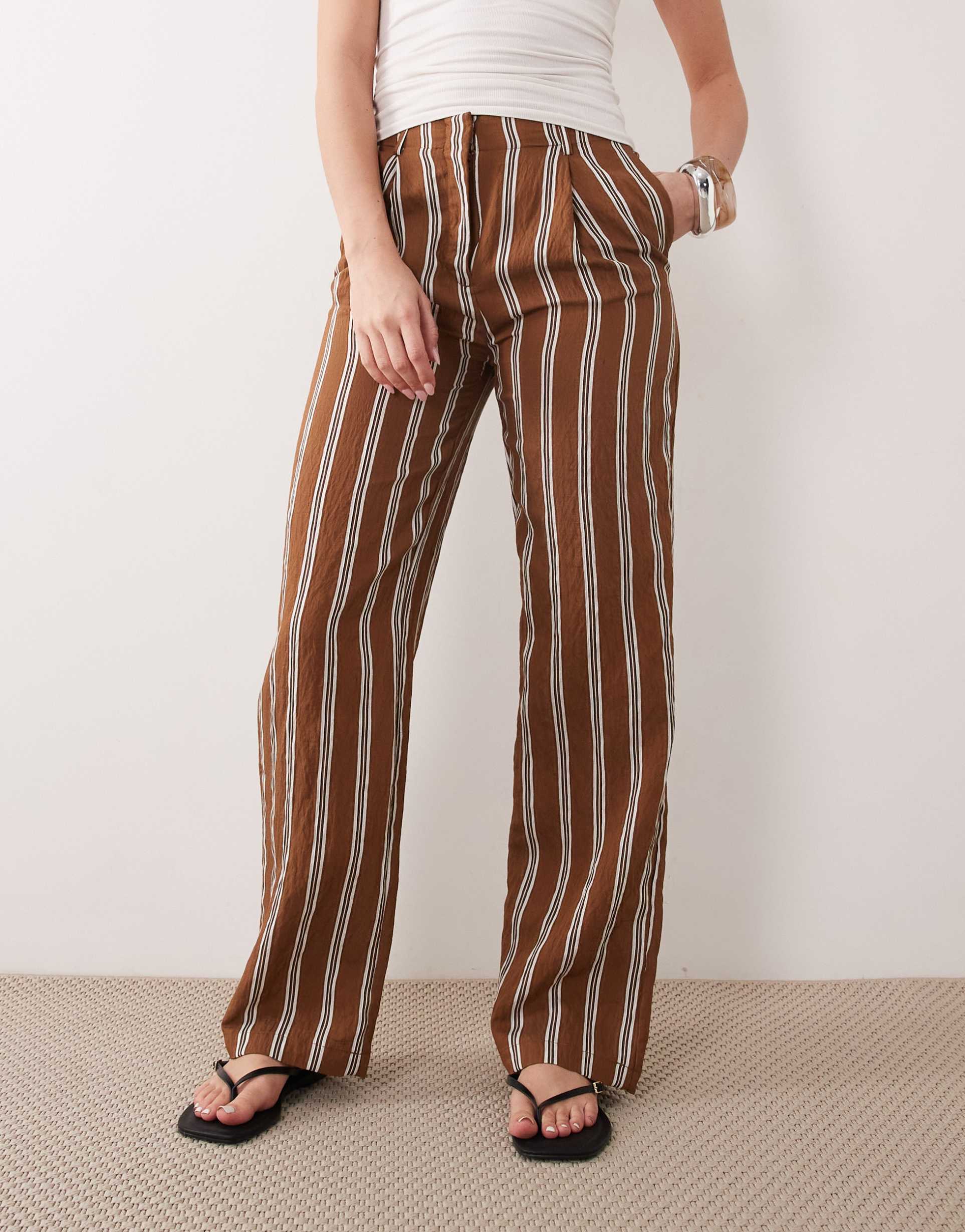 mango 100% cotton utility straight tie waist pants in rust and blue stripe