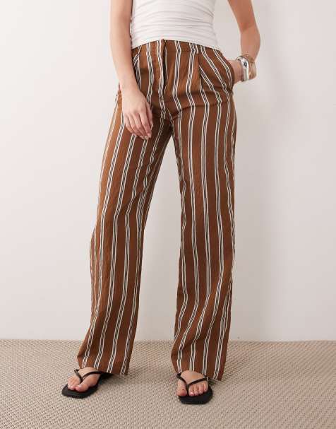 Mango 100% cotton utility straight tie waist trouser in rust and blue stripe
