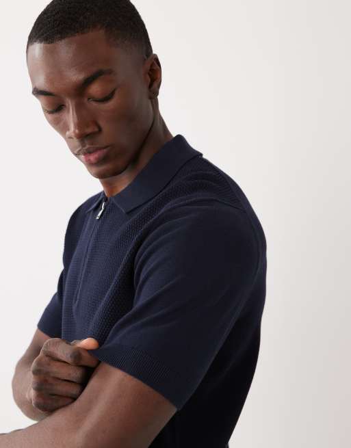 Mango 100% cotton waffle knit quarter zip t-shirt in navy, 2 of 5