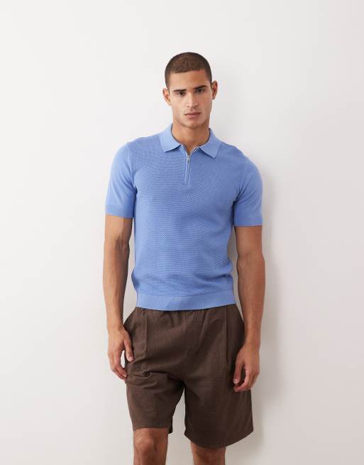 Mango 100% cotton waffle knit quarter zip t-shirt sky blue, 2 of 5