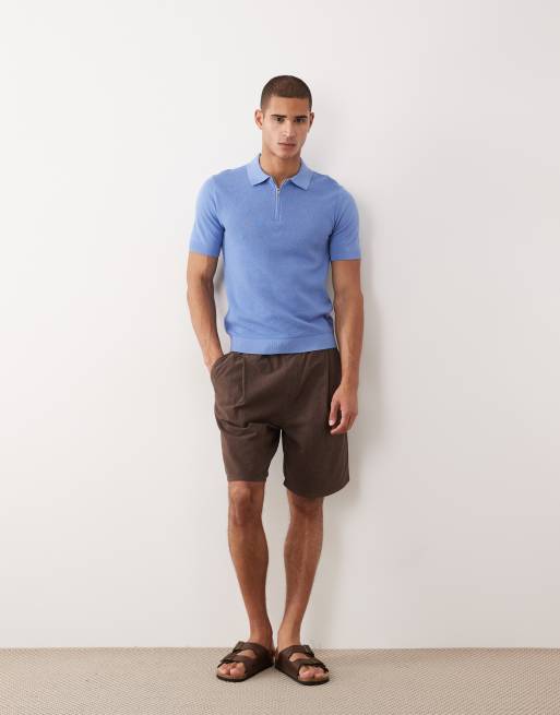 Mango 100% cotton waffle knit quarter zip t-shirt sky blue, 4 of 5