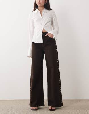 Mango 100% Cotton Wide Leg Jeans With Studs In Brown