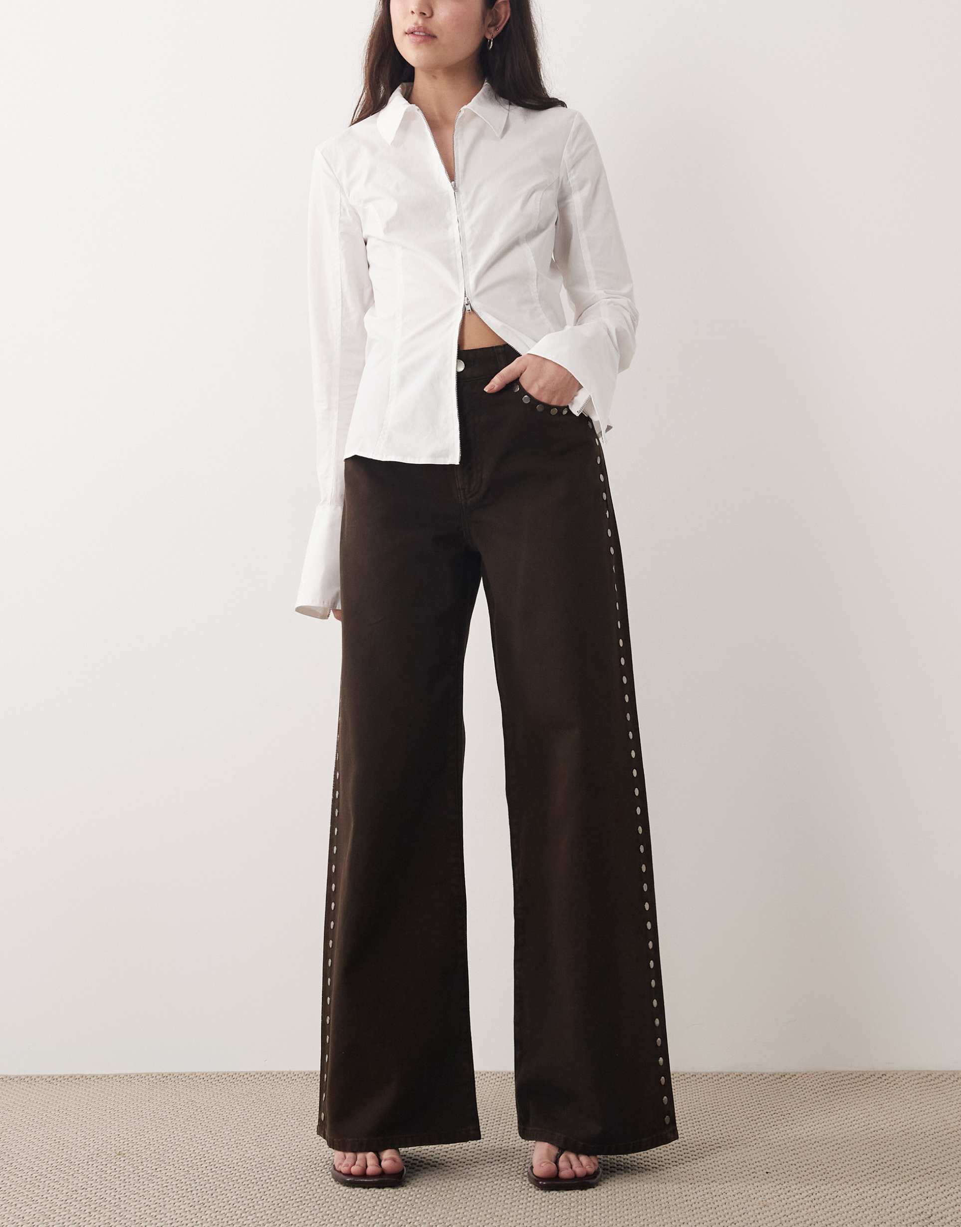 mango 100% cotton wide leg jeans with studs in chocolate