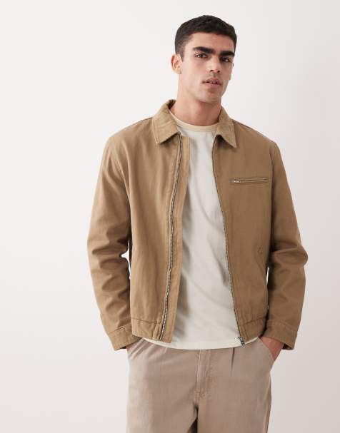 Mango 100% cotton zip through denim jacket in beige - view 1