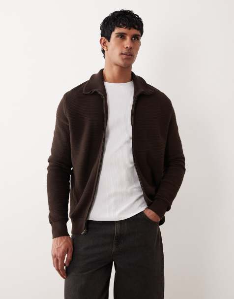 Mango 100% cotton zip through textured cardigan in chocolate
