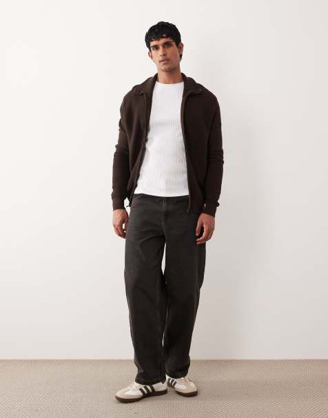 Mango 100% cotton zip through textured cardigan in chocolate - view 1