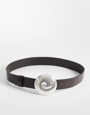 Mango 100% Leather Belt With Faux Statement Shell In Brown