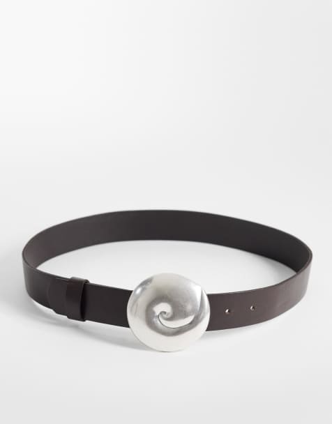 Mango 100% leather belt with statement faux shell in brown - view 1