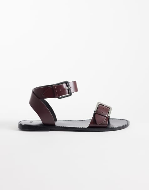 Mango 100% leather buckle detail flat sandal in chocolate - view 1