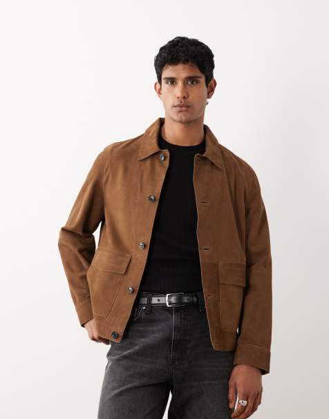 Mango 100% leather button up jacket in tan - view 1