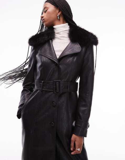 Mango 100% leather faux fur collar trench coat in black - view 1