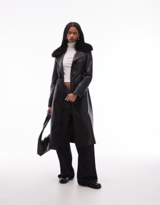 Mango 100% Leather Faux Fur Collar Trench Coat In Black