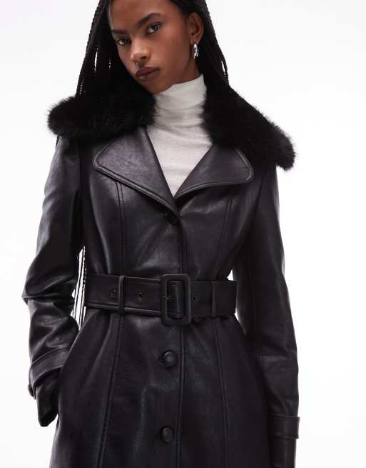 Mango 100% leather faux fur collar trench coat in black | ASOS
