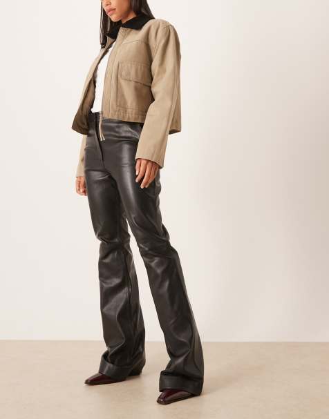 Mango 100% leather flared pants in black - view 1