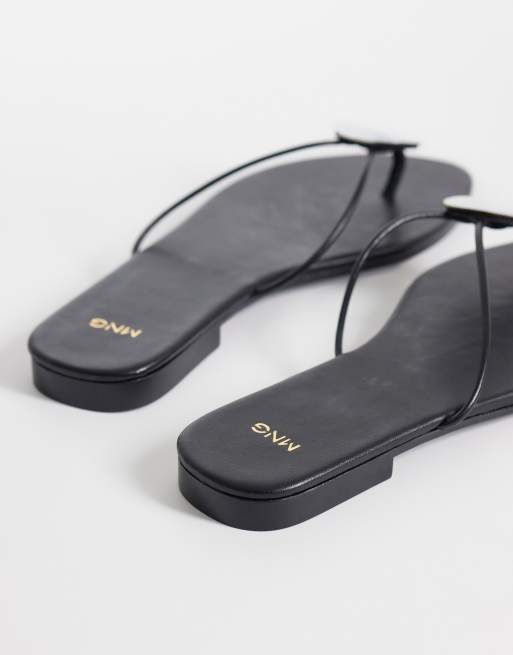 Mango 100% leather flat sandal with pearl detail in black, 4 of 4