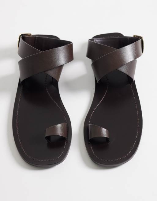 Mango 100% leather flat sandal with toe detail in chocolate, 2 of 4