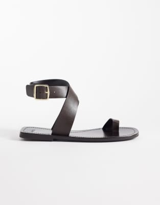 Mango 100% Leather Flat Sandals With Toe Detail In Brown