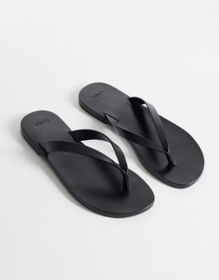 Mango 100% Leather Flip Flops In Black