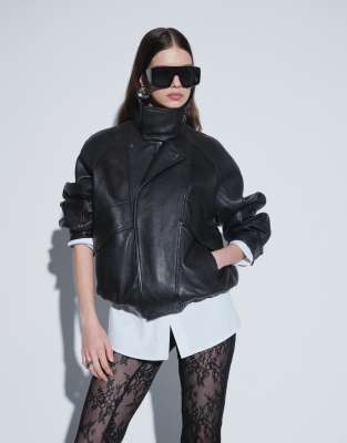 Mango 100% Leather Funnel Neck Jacket In Brown