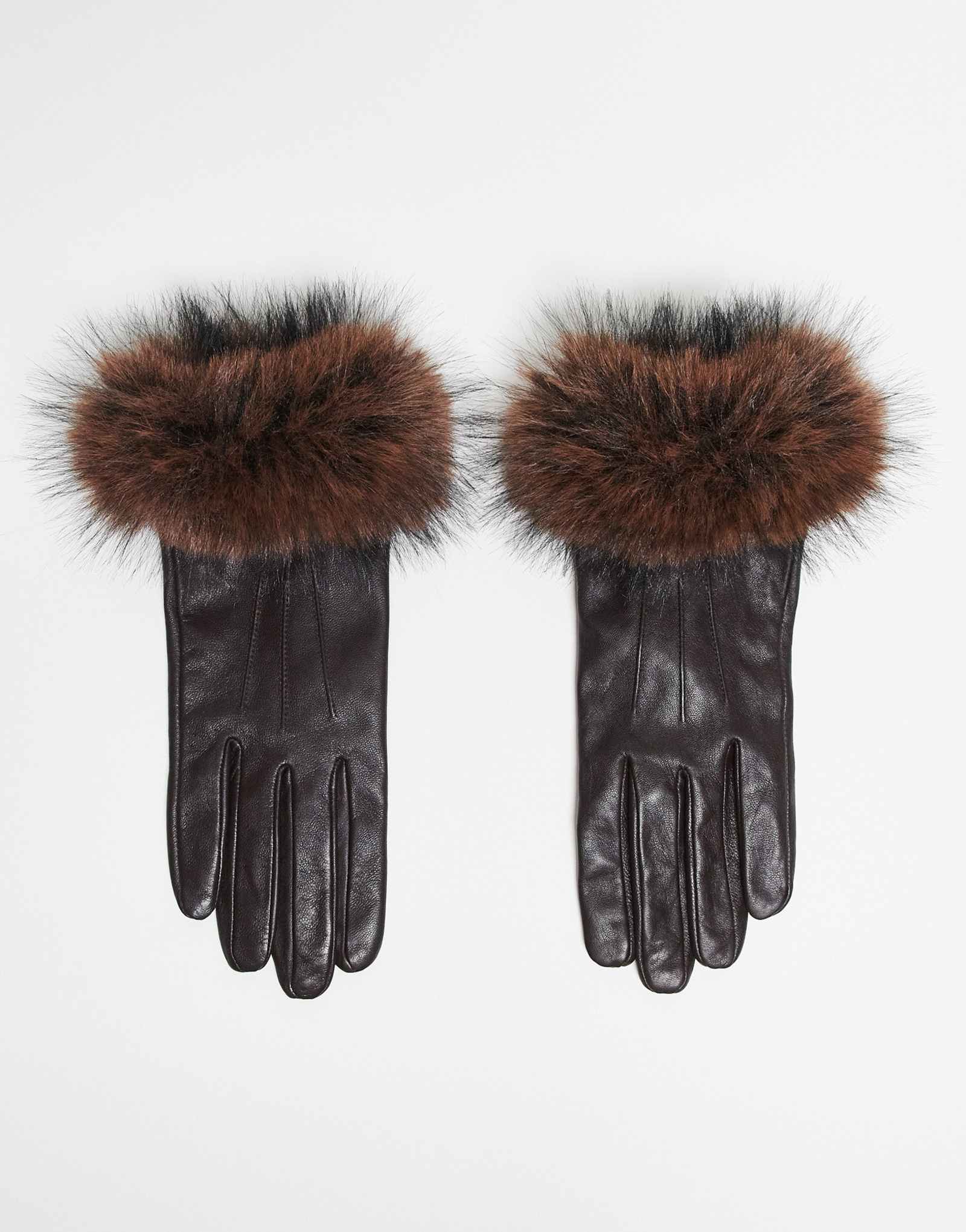 Перчатки из 100% кожи Mango с отделкой из искусственного меха темно-коричневого цвета