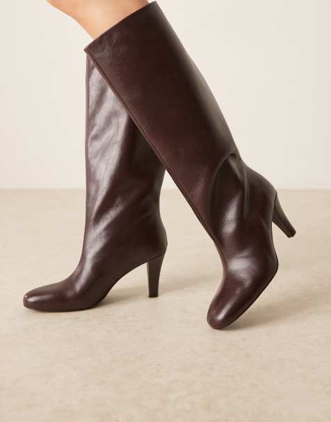 Mango 100% leather heeled knee high boot in cherry red - view 1