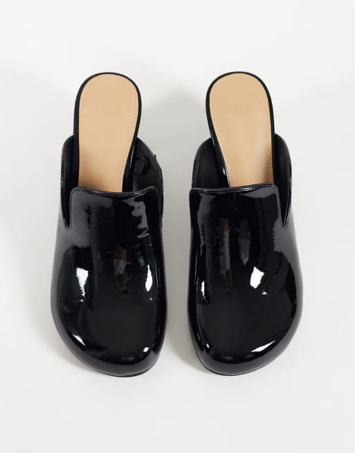 Mango 100% leather heeled mules in black patent, 2 of 4