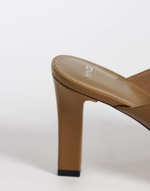 Mango 100% leather heeled mules in khaki, 4 of 4