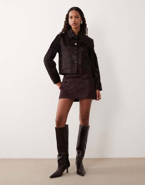 Mango 100% leather jacket & mini skirt set in burgundy - view 1