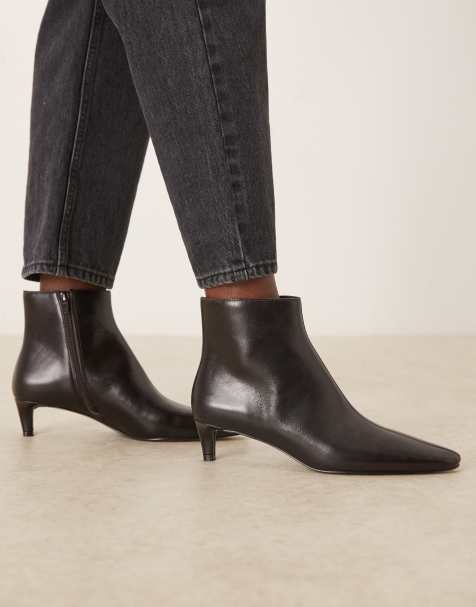 Mango 100% leather kitten heel ankle boots in dark brown - view 1