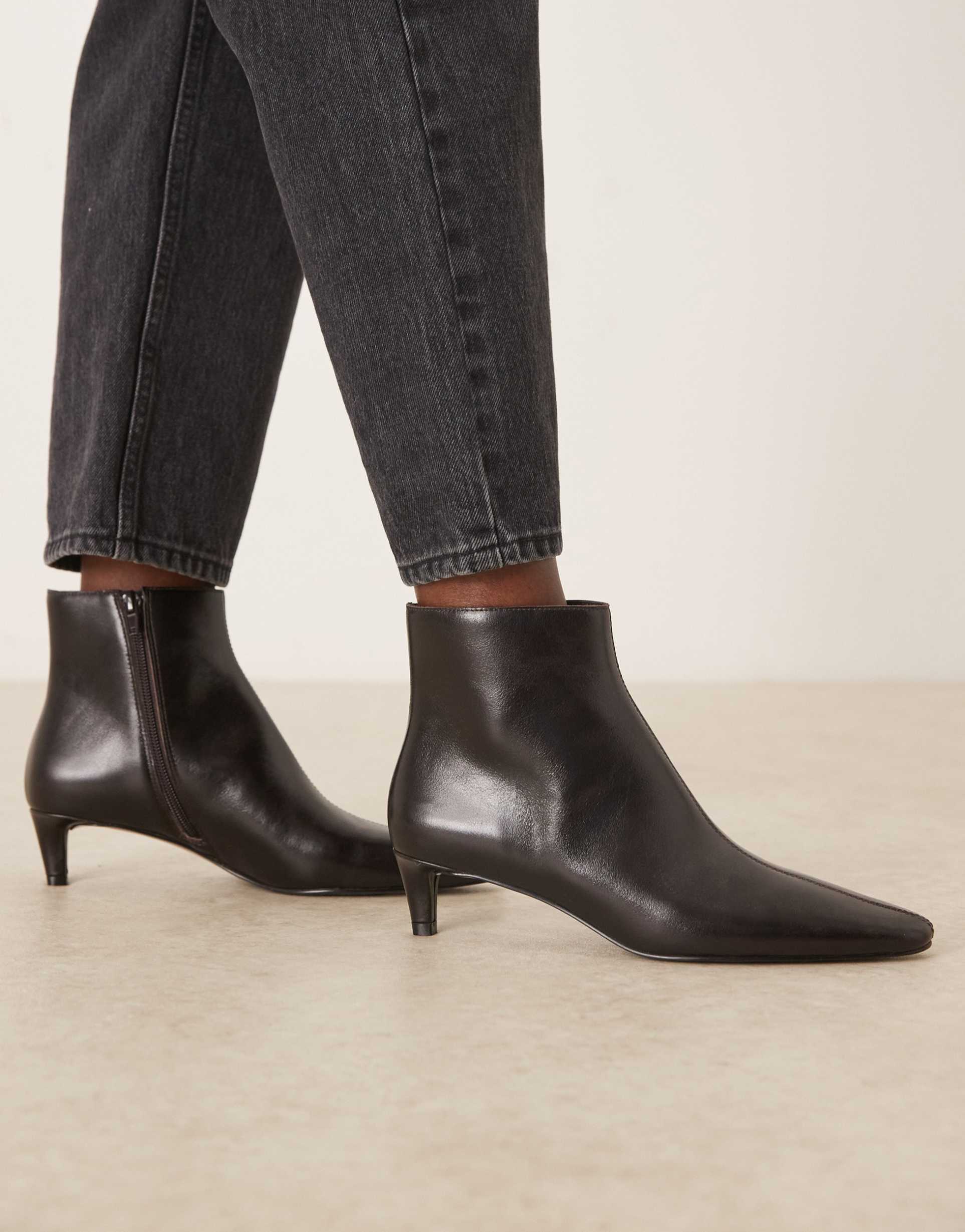 mango 100% leather kitten heel ankle boots in dark brown