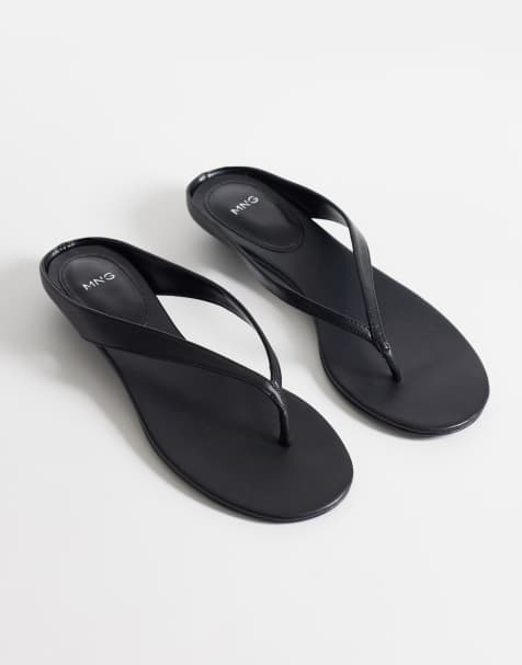 Mango 100% leather low heeled sandal in black - view 1