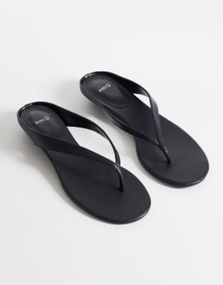 Mango 100% Leather Low Heeled Sandals In Black