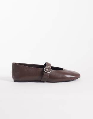 Mango 100% Leather Mary Jane Ballet Flats In Brown
