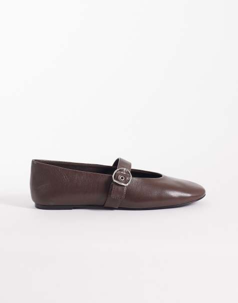 Mango 100% leather mary jane ballet flats in chocolate - view 1