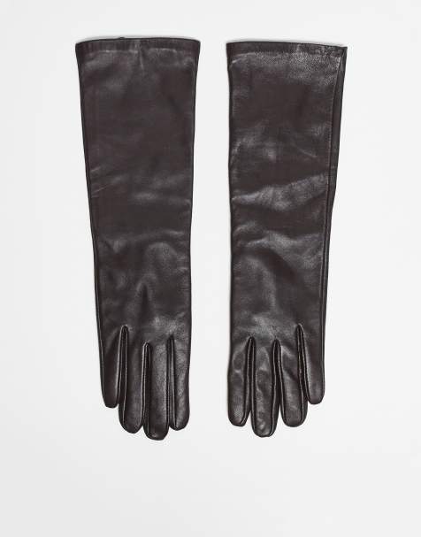 Mango 100% leather mid length gloves in dark brown - view 1