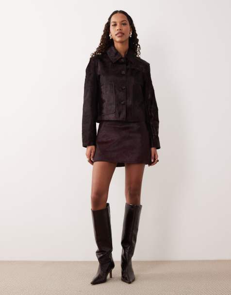 Mango 100% leather mini skirt co-ord in burgundy - view 1