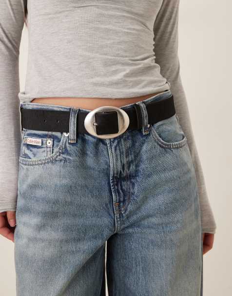 Mango 100% leather oval buckle belt in black - view 1