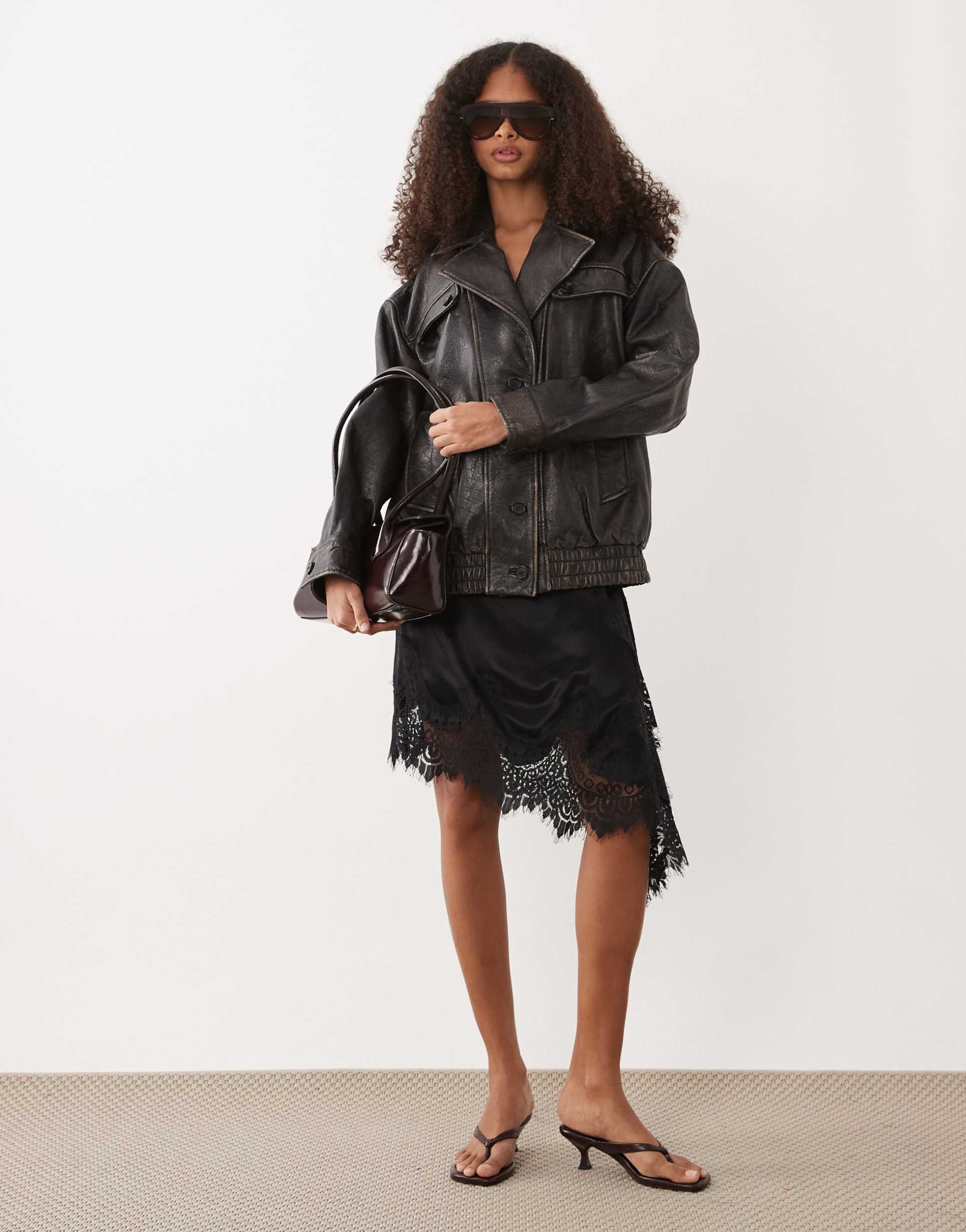 mango 100% leather oversized jacket in distressed brown