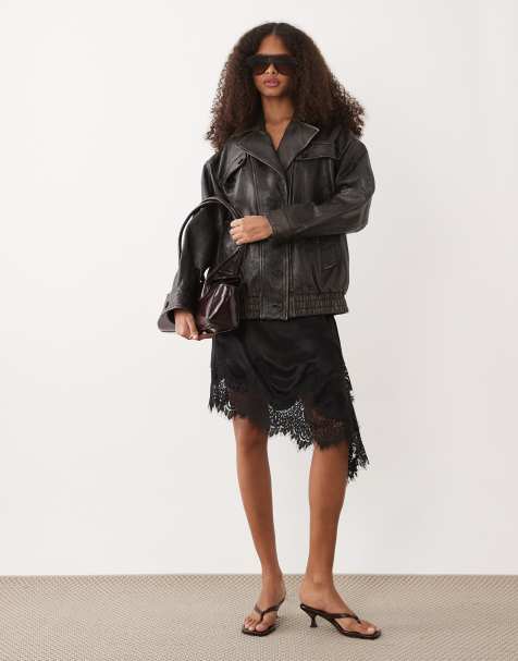 Mango 100% leather oversized jacket in distressed brown