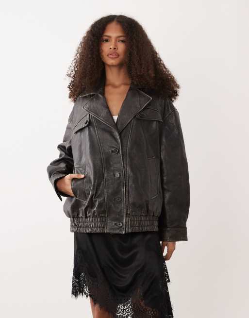 Mango 100% leather oversized jacket in distressed brown, 2 of 4