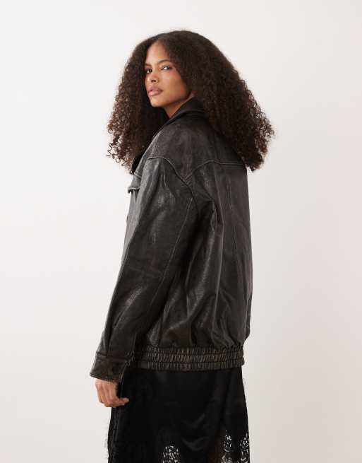Mango 100% leather oversized jacket in distressed brown, 3 of 4
